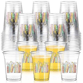 Qinyoung 50 Pcs 16 oz Book Theme Party Cups Book Club Birthday Party Supplies Library Reading Themed Cups for Reading Tableware Supplies