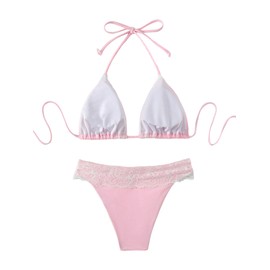 SHENHE - Traje de baño de 2 piezas para mujer con encaje halter y lazo triangular, Rosado, Large