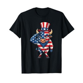 Patriotic Salute Bison Uncle Sam Hat USA Flag July 4th Bull T-Shirt