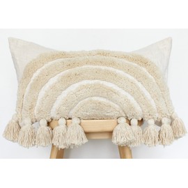 CASA BOHO Throw Pillow Cover Boho Rainbow Pillow Boho Throw Pillows for Bed Fringed Rainbow Throw Pillow Covers Decorative Pillows for Bed Cream 16x24