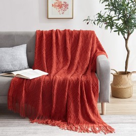 KASYLAN 100% Acrylic Knitted Throw Blanket Textured Solid Soft Decorative Throw for Sofa, Couch, Bed,127x152cm,Rust
