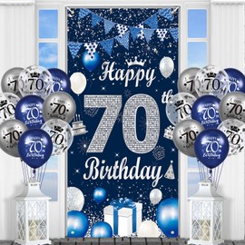 Blue 70th Birthday Decorations for Men Navy Blue Silver Happy 70th Birthday Door Banner Cover and 18Pcs Blue Silver 70th Birthday Balloons for Men Women 70th Birthday Party Decor