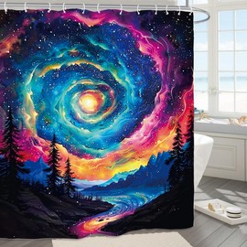 Yookeb Galaxy Nebula Bathroom Shower Curtain 60W by 71H Inch Universe Planet Starry Sky Cosmic Outer Space Night Polyester Fabric 12 Plastic Hooks Waterproof Decor
