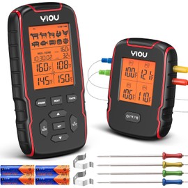 YIOU Wireless Meat Thermometer for Cooking, Digital Meat Thermometer with 4 Probes, 500FT Ultra Accurate & Fast Food Thermometer for Oven, Smoker, Warm Red