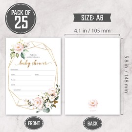 Set of 25 Pink Floral Baby Shower Invitations, Diaper Raffle Tickets and Book Request Cards with Envelopes by Hat Acrobat | It's a Girl Boho Invites for Gender Reveal Party or Baby Sprinkle