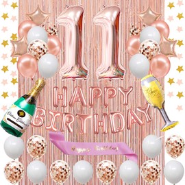 Fancypartyshop 11st Birthday Decorations - Rose Gold Happy Birthday Banner and Sash with Number 11 Balloons Latex Confetti balloons Ideal for Girl and Women 11 Years Old Birthday Rose Gold