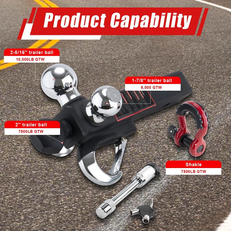 TYT Tri Ball Hitch Trailer Mount w/ Locks, Tow Hook