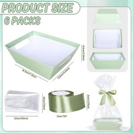 Whaline 6 Pack Sage Green Paper Baskets Gift Empty Baskets with Clear Plastic Bag & Ribbon Thank You Appreciation Gift Box for Birthday Wedding Baby Bridal Shower