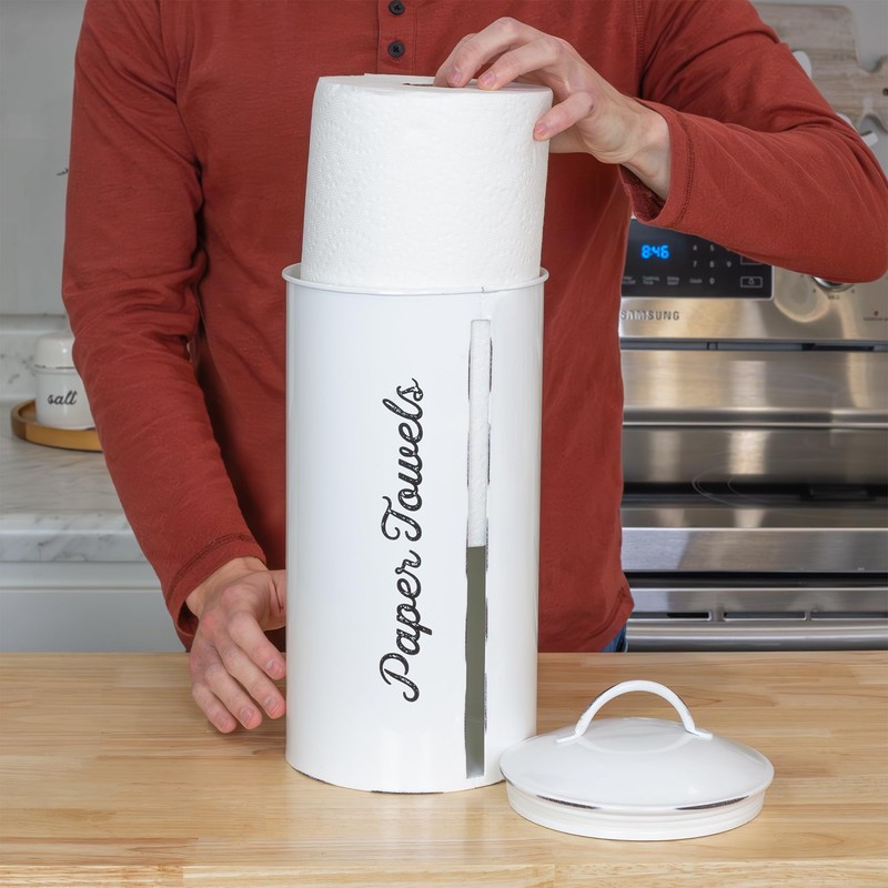 AuldHome Design Farmhouse Paper Towel Holder (White); Rustic Enamelware Countertop