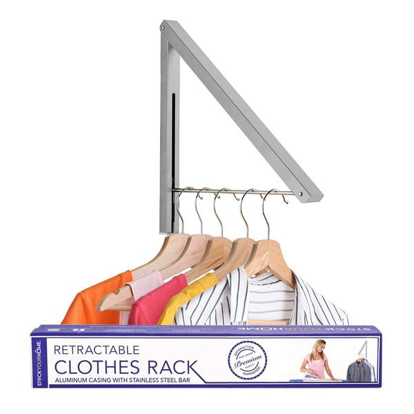 Stock Your Home Retractable Clothes Rack, Wall Mounted Laundry Drying Racks, Folding Wall Mount Clothing Hanger for Guest Room, Collapsible Hangers, Hanging Space-Saver - Chrome (1 Pack)