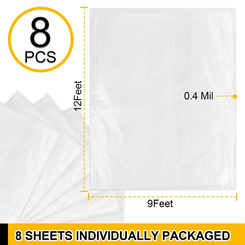 8 Pack Plastic Drop Cloth, 9x12 Ft Plastic Sheeting for