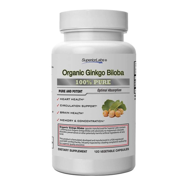 Superior Labs - Organic Ginkgo Biloba - 1200mg, 120 Vegetable Capsules - Added Black Pepper for Optimal Absorption - Supports Brain and Heart Health - Memory & Concentration - Circulation Support