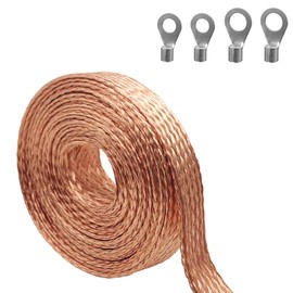 3.28ft 5/8 inch Flat Copper Braided Ground Strap Wire Sleeve Expandable Shielding Wire Mesh with Rings Terminal for Ground Protection Cable