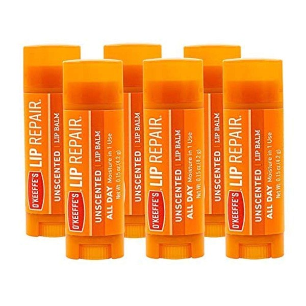 O'Keeffe's Unscented Lip Repair Lip Balm for Dry, Cracked Lips, Stick, (Pack of 6)