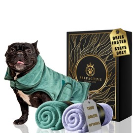 Dog Bathrobe & Drying Coat – Super Absorbent Microfiber Towel Wrap for After Bath – Fast Drying Dog Robe for Drying Dogs – Felpactive Luxury Care (Green & Purple)