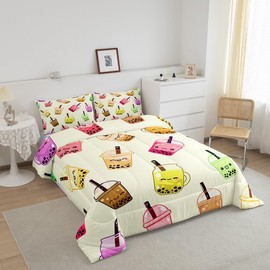 Feelyou Cute Boba Bedding Set Queen Size for Kids Toddler Milk Tea Comforter Set Boys Girls Kawaii Bubble Tea Bedding Set Cartoon Boba Duvet Insert Bed Set 3Pcs
