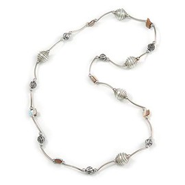 Avalaya White Shell and Glass Bead with Wire Detailing Necklace In Silver Tone Metal - 70cm L