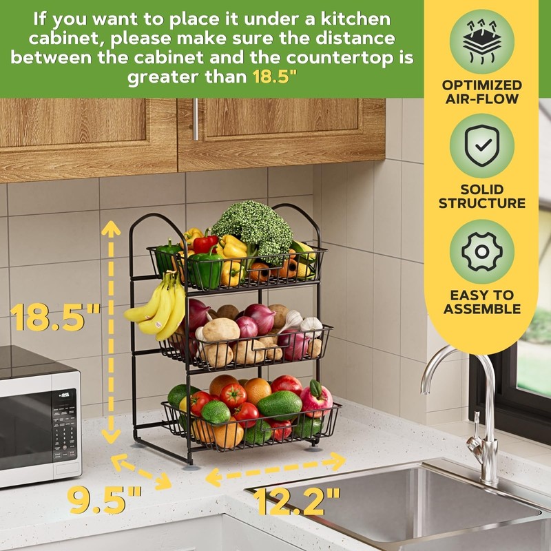 3 Tier Wire Baskets with 2 Banana Hangers, Detachable Countertop