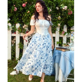 Victorian Skirt for Women Cottagecore Floral Elastic Waist Flowy Maxi Skirt Blue L