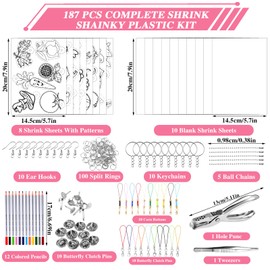 187 Pcs Shrinky Dink Keychain Kit, Shrink Art Paper with 18 Pcs Shrinky Dink Sheets,Colored Pencils, Hole Punch, Keychains, Colored Buckle Chains for Shrinky Dink Crafts Jewelry Making DIY