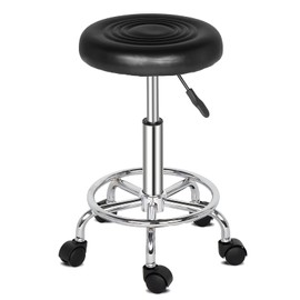 Pinikuyiro PU Leather Modern Round Rolling Stool with Footrest Height Adjustable Spa Drafting Salon Tattoo Work Massage Stools Task Chair (Black)