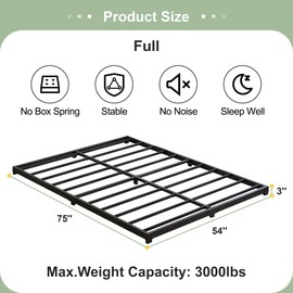 Fly-CTsoar 3 Inch Low Full Size Bed Frame Heavy Duty Metal Platform, No Box Spring Needed, Easy Assembly Mattress Foundation, No Noise, Black