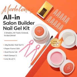 modelones Builder Nail Gel 3 Colors French Tip, 10-in-One Builder Clear Nude Pink Hard Gel Nail Kit with Dual End Brush, Acrylic Clamps, Paper Forms for Extension Apex Building Sculpting LED Cured