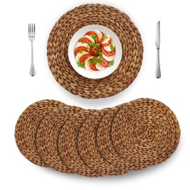 BARIEN Brown Woven Placemats Round Set of 6, Natural Water Hyacinth Weave Placemat for Dining Table, Large Handmade Woven Placemats Heat Resistant Non-Slip (15")