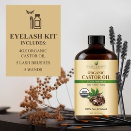 Handcraft Blends Handcraft Blends Cold-Pressed Organic Castor Oil in Glass Bottle with Lash Brushes - 4 Fl Oz - 100% Pure and Natural - Premium Grade Carrier Oil for Hair Growth, Eyelashes and Eyebrows - Hair and Body