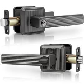 Gaurqiah Square Heavy Duty Door Handle with Keys, Stripe Style Keyed Entry Door Lever with Lock, Reversible Door Handle for Front & Entrance Door, Antique Nickel Finish