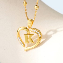 Cicy Bell Womens Heart Initial Necklace for Women 18k Gold Plated Cubic Zirconia Dainty Letter Pendant Necklace 17.7'' with 2'' Extender