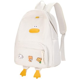 HuiLeo Cute Dcuk Backpack for Teens Girls Women, Kawaii Funny Aesthetic Corduroy Bookbag for High Middle School, White