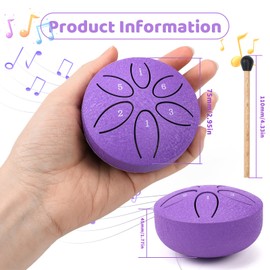 Tongue Drum Steel Tongue Drum 6 Tones Handpan Instrument Steel Tongue Drum Mini Pan Drum Percussion 3 Inch Steel Tongue with Mallets for Meditation Yoga (Purple)