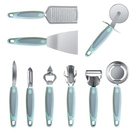 Stainless Steel Kitchen Gadget Set, HIFIND 9 PCS Cooking Gadgets Tools Set with Soft Touch Handles, Pizza Cutter, Peeler, Cheese Grater, Bottle Opener, Egg Separator, Grill Spatula, Holding Clamp