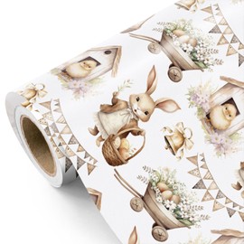 WRAPAHOLIC Easter Wrapping Paper Roll - Mini Roll - 17 Inch x 16.5 Feet - Spring Easter Bunny, Chick, Handcart and Floral Design Perfect for Easter, Baby Shower, Party