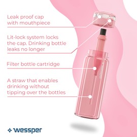 Wessper Water Filter Bottle 680 ml Pink Tritan Drinking Bottle BPA Free Water Bottle with Filter Bottle Outdoor + Activated Carbon Filter Straw Water Filter Water Filter Bottle Sports Water Filter