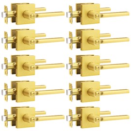 Probrico Gold Privacy Door Handle Lockset Heavy Duty Square Satin Brass Interior Door Lever for Bedroom or Bathroom Reversible Keyless Handleset Door Knob Slim Handed Levers, 10 Pack
