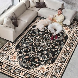 Vhong Washable Area Rugs Boho Vintage Modern Neutral Large Carpet Black and Brown 5×7 High Traffic Rugs for Dinning Room Living Room Bedroom Farmhouse Non Slip