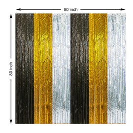 Suaxova 2 Pack Construction Foil Fringe Curtains, 3.3x6.6 Ft Black Gold and Silver Tinsel Backdrop Party Decorations Door Streamers for Birthday Wedding Engagement Decor,Photo Booth Props