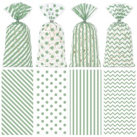 Whaline 160Pcs Sage Green Cellophane Treat Bags Stripe Wave Dot Plastic Gift Bags Candy Goodie Bags with Twist Ties for Wedding Baby Shower Birthday Party Cookie Snack Packing Supplies, 5.1 x 10.6Inch