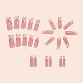24 Pieces Long Coffin False Nails - French Tip Press on Nails - Elegant 3D Fake Nails with Flower Pearl Design - Reusable Full Cover Glue on Nails for Women Girls in 12 Sizes