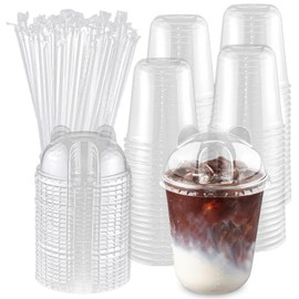 Qsqwsuye 50 Sets 12oz Disposable Transparent Plastic Cup with Panda Lids & Straws, Easy-to-Grip Design, Suitable for Iced Coffee, Milk Tea,Milkshakes,Perfect for Holiday Parties,Various Dining Occasio