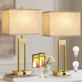 25.5" Nightstand Table Lamps for Bedrooms Set of 2, Bedside Lamp with USB C+A, 3 Colors Changeable Living Room Lamp, Modern Night Stand Lamps for Bed Side Guest Room Reading, Gold