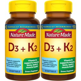 Nature Made Nature Made Vitamin D3 K2, 5000 IU (125 mcg) Vitamin D, Dietary Supplement for Bone, Teeth, Muscle and Immune Health Support, 30 Softgels, 30 Day Supply - Pack of 2