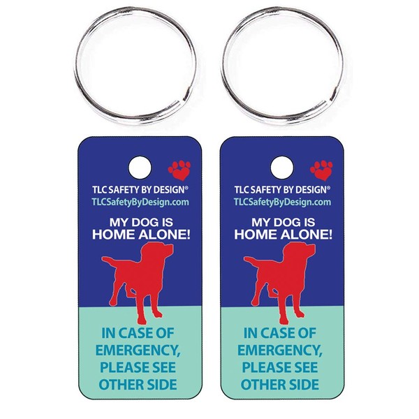 TLC Safety By Design 2 Pk. Key Tags and Keychain Rings Trademarked My Dog is Home Alone Alert Emergency Medical ICE ID Plastic with Emergency Contact Call Card (Qty. 1)