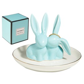 Bunny Ring Holder Rabbit Ring Dish Ceramic Jewelry Holder Dish Trinket tray for Rings Earrings Necklace Organizer, Wedding Engagement Ring Holder (Blue)