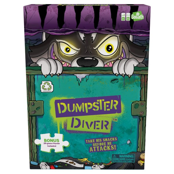 Goliath Dumpster Diver Game w/ 24pc Puzzle - Take Raccoon's Snacks Before His Paw Jumps Out to Defend His Goodies - Includes 24-Piece Puzzle