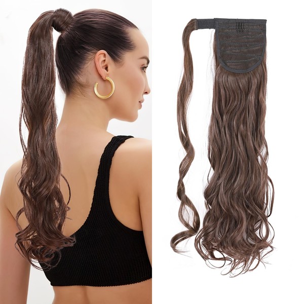 Ponytail Clip-In Extensions Hair Extensions One Piece Magic Tape in Ponytail Wrap Around Hairpiece Real Ombre 60 cm Wavy Medium Brown