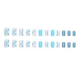 JUSTOTRY 24 Pcs Swirl Press on Nails Square Designs,Aqua Blue False Nails Short,Pretty Glitter Stick on Nails for Women,Glossy French Squoval Fake Nails Medium for Nails Art Gifts