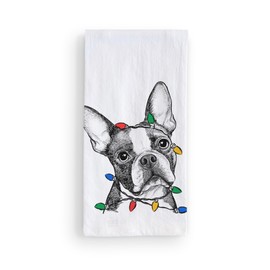 Inkopious Christmas Lights Dee Dee The Boston Terrier Tea Towel, Dishcloth, Dinner Napkin, Flour Sack Towel, Kitchen Decoration, Set of 1